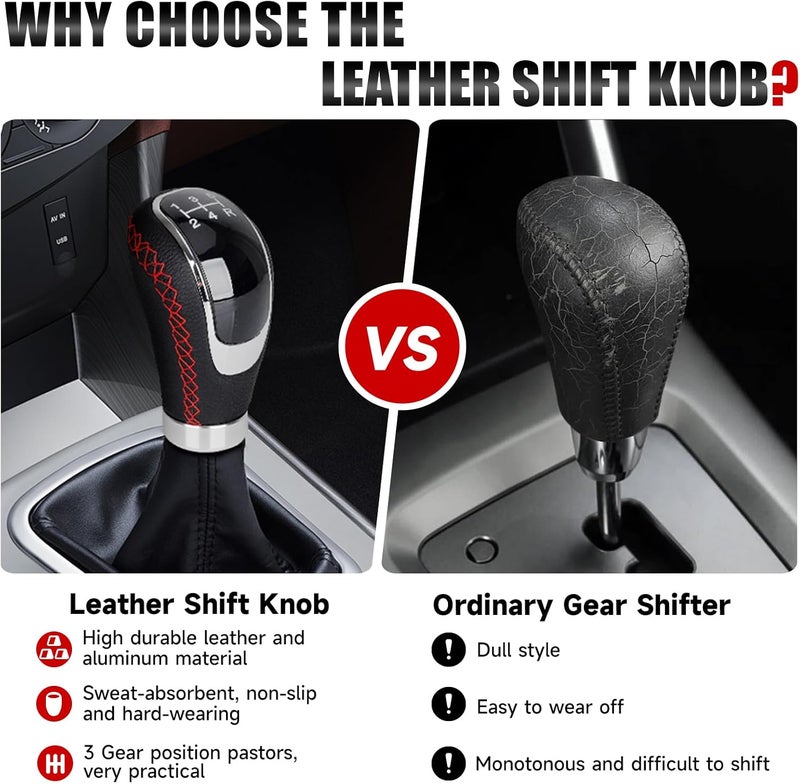 ANDO RACING Universal 5/6 Speed Leather Car Racing Gear Shift Shifter knob,Artificial Leather and ABS Black Stitching Shift Knob with 4 Adapters,Replaceable 3 Gear Position Pastors(Black+Red Line) - Image 3